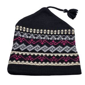 VTG Vermont Originals Wool Beanie Womens Black Knitted Paisley Peruvian Fringe‎